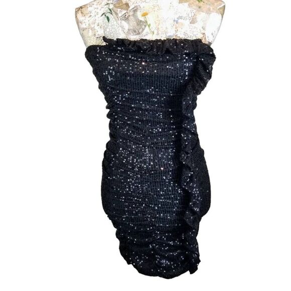 Strapless Black Evening Cocktail Party Sequin Mini Tube Bandage Stretch Dress - Picture 3 of 8